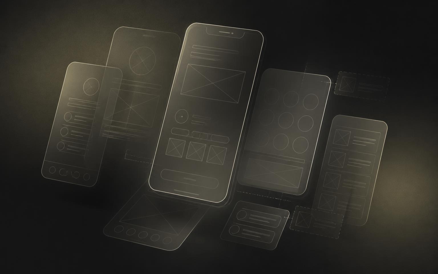 Wireframe app screens for the Kite banking prototype